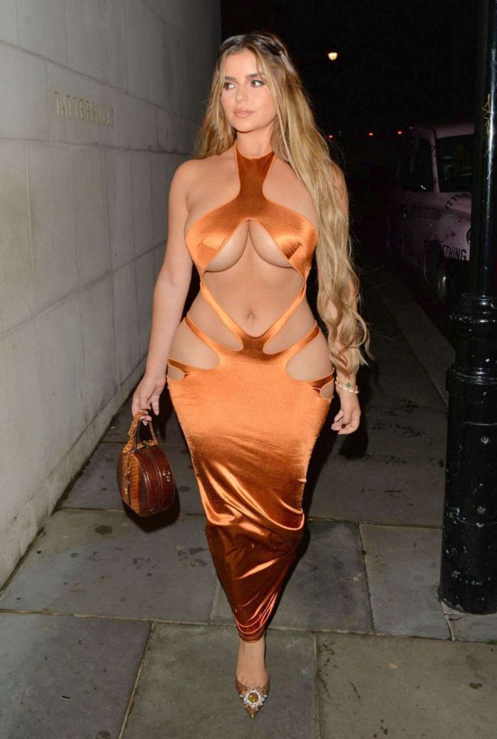 Demi Rose Mawby Glowing In Golden Dress At Zuma In London