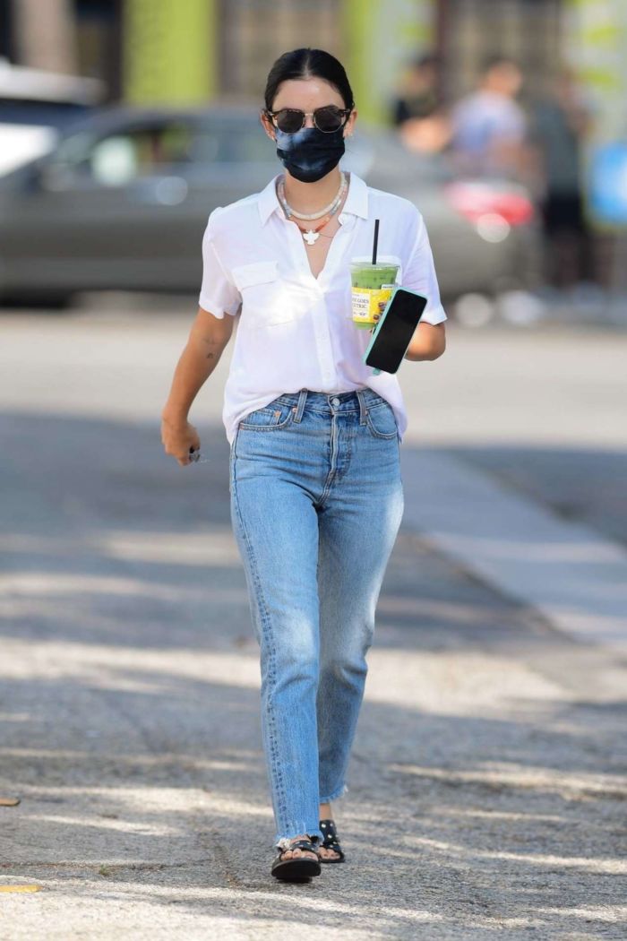 Lucy Hale Candids In Jeans At Alfred Coffee In Studio City